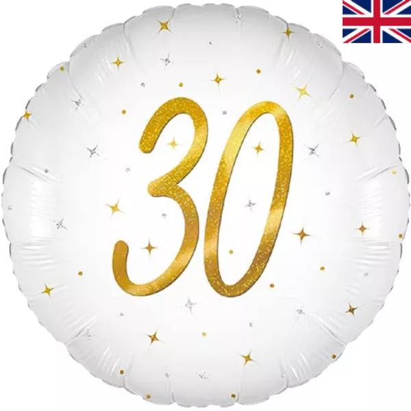 Oaktree 18 inch Age 30 White Elegant Sparkle Holographic Foil Balloon