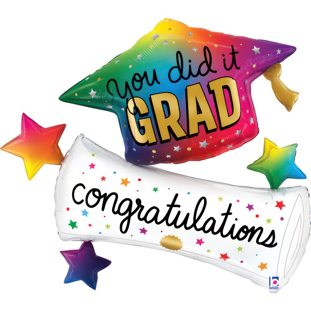 Grabo 43 inch You Did It Graduation Congratulations Foil Balloon_25348-rainbow-grad-hat-diploma-b