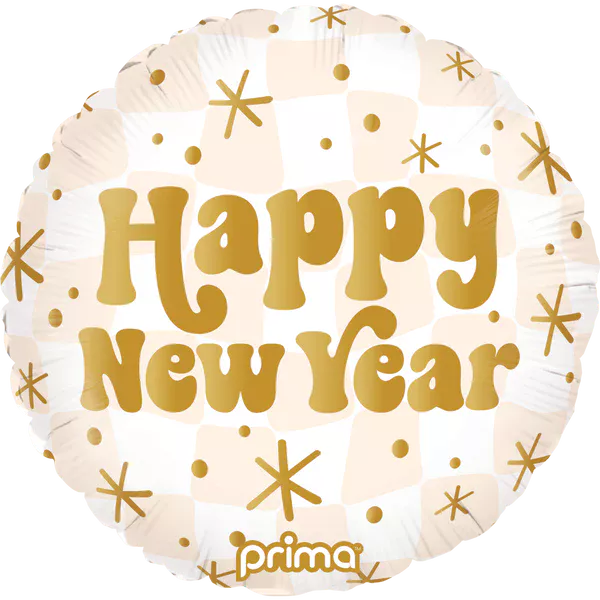Prima 18 inch Round Happy New Year Gold & Neutral Checker Foil Balloon