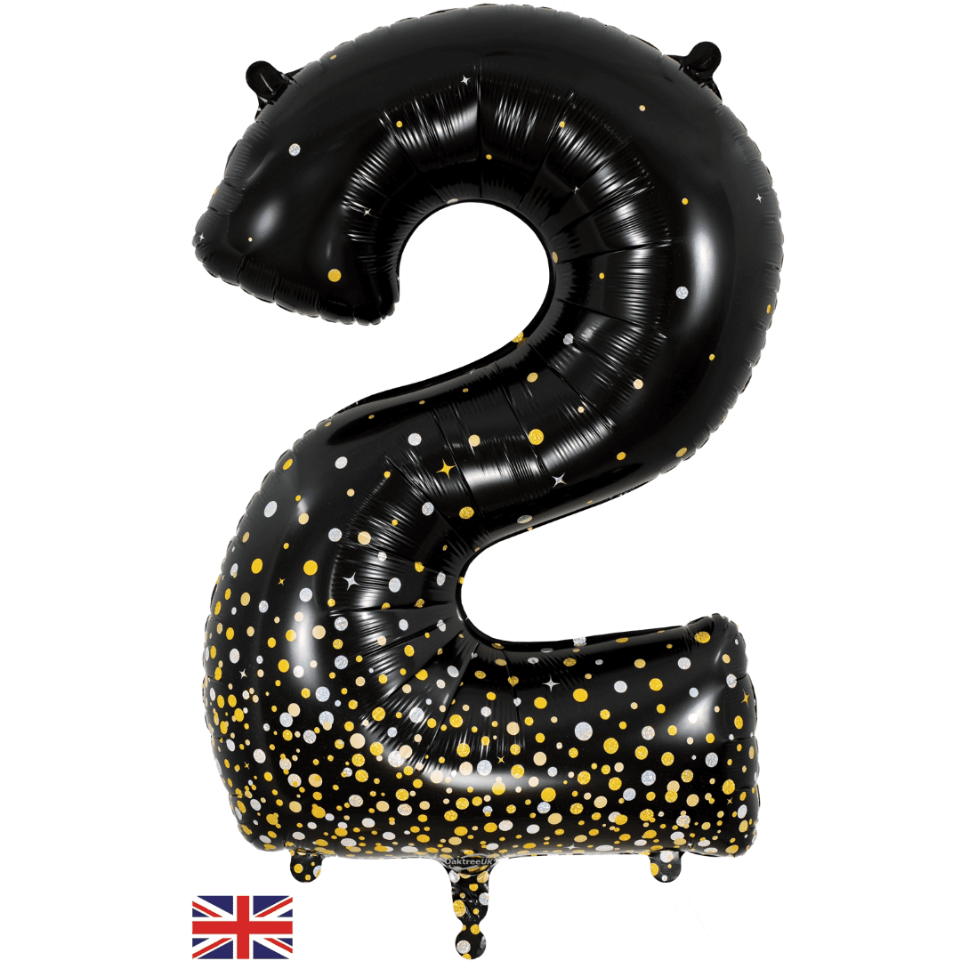 Oaktree 34 inch Number 2 Sparkling Fizz Black Gold Balloons_606920