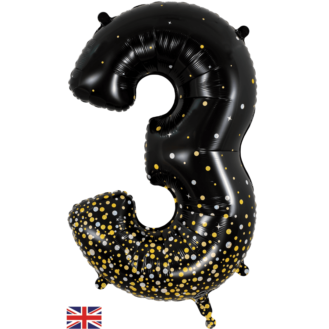 Oaktree 34 inch Number 3 Sparkling Fizz Black Gold Balloons_606937
