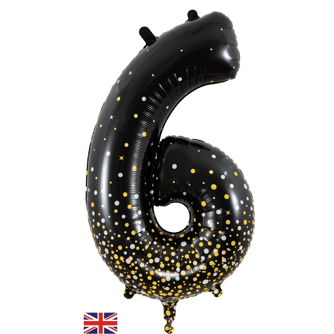 Oaktree 34 inch Number 6 Sparkling Fizz Black Gold Balloons_606968