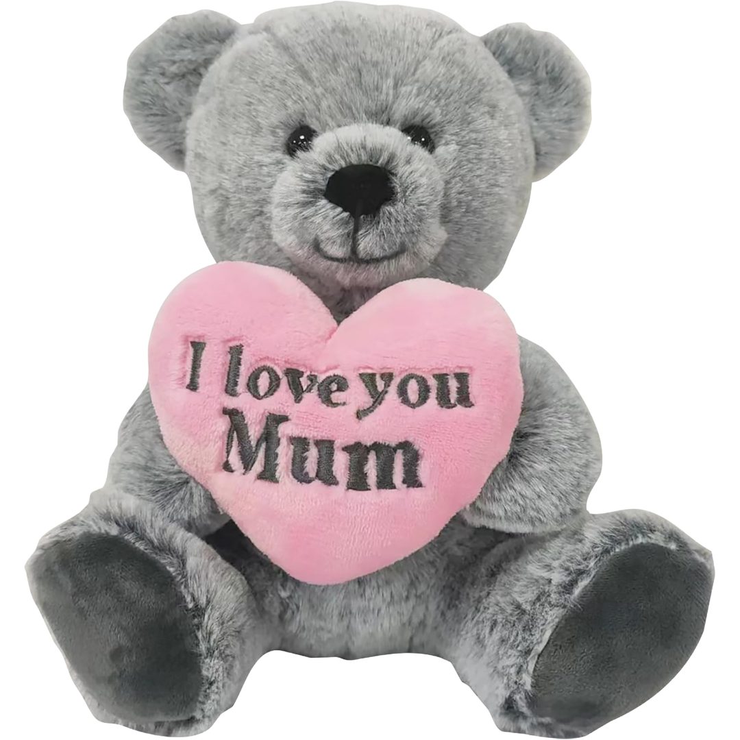10 inch Happy Mothers Day Grey Bear I Love You Mum Pink Heart
