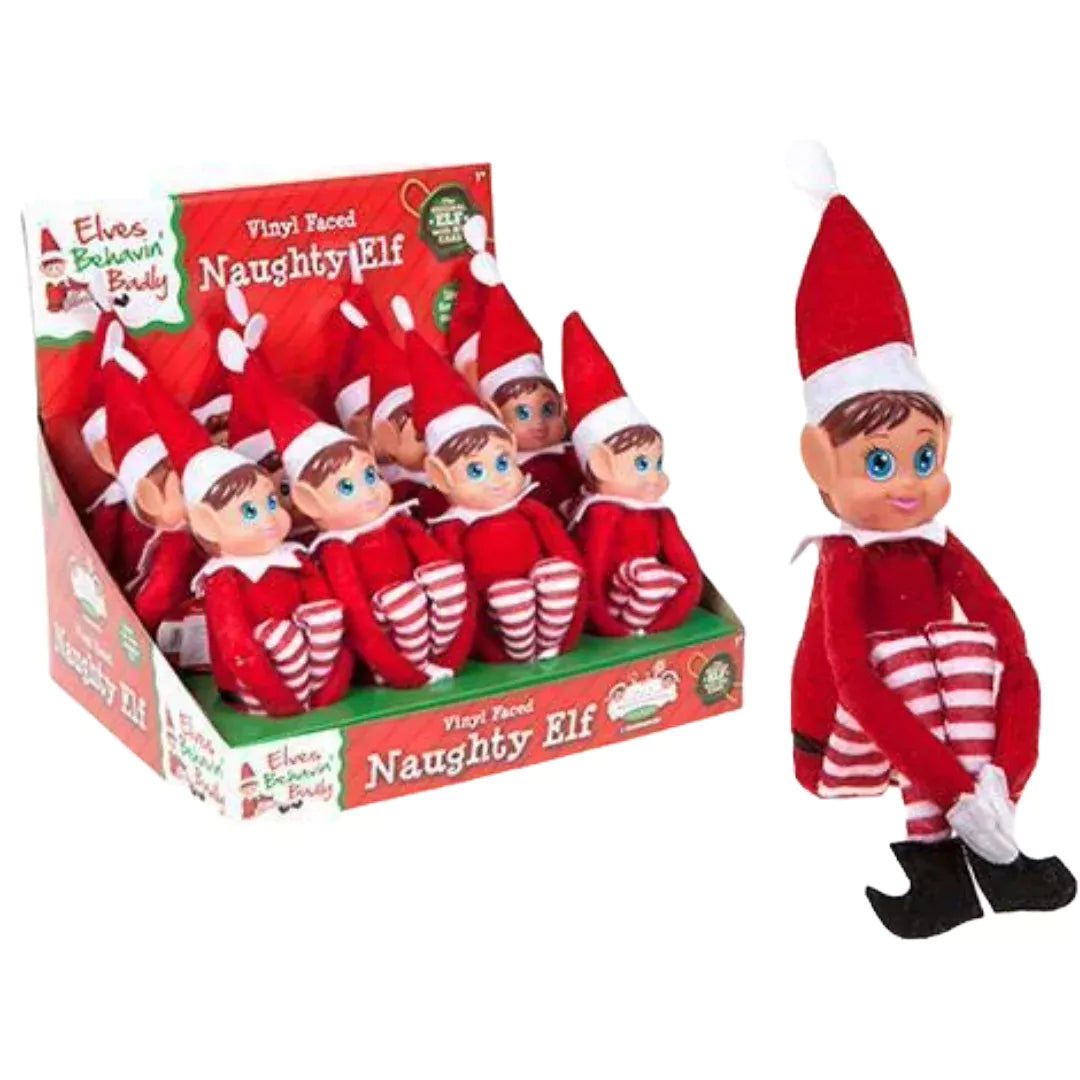 Elves Behavin Badly GIRL Elvie Prank Queen 12 inch Red Long Leg Soft Body Vinyl Face Elf Doll with Hat (12pk)